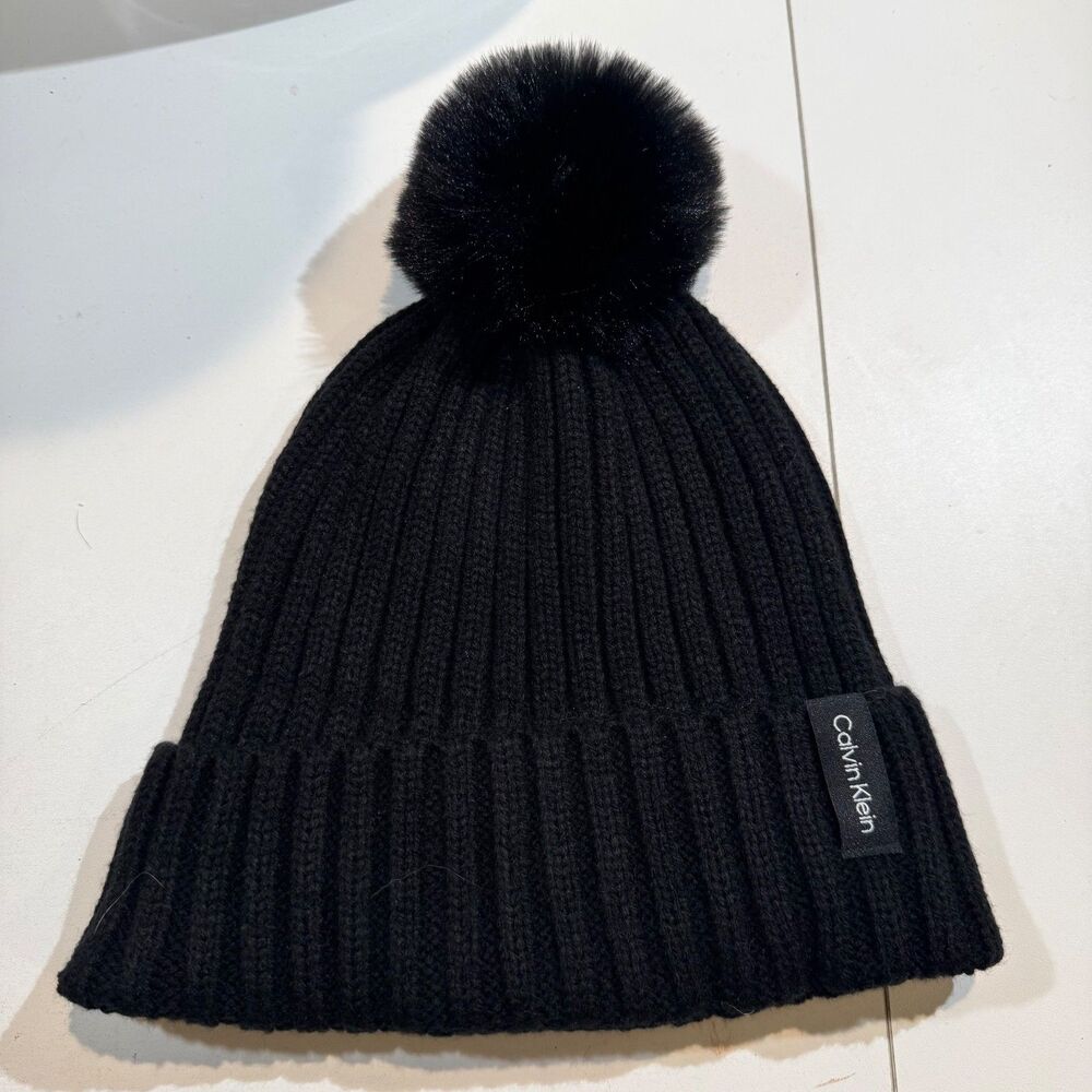 Calvin Klein Ribbed Black Knit Beanie Cuffed Winter Pom Toboggan Hat